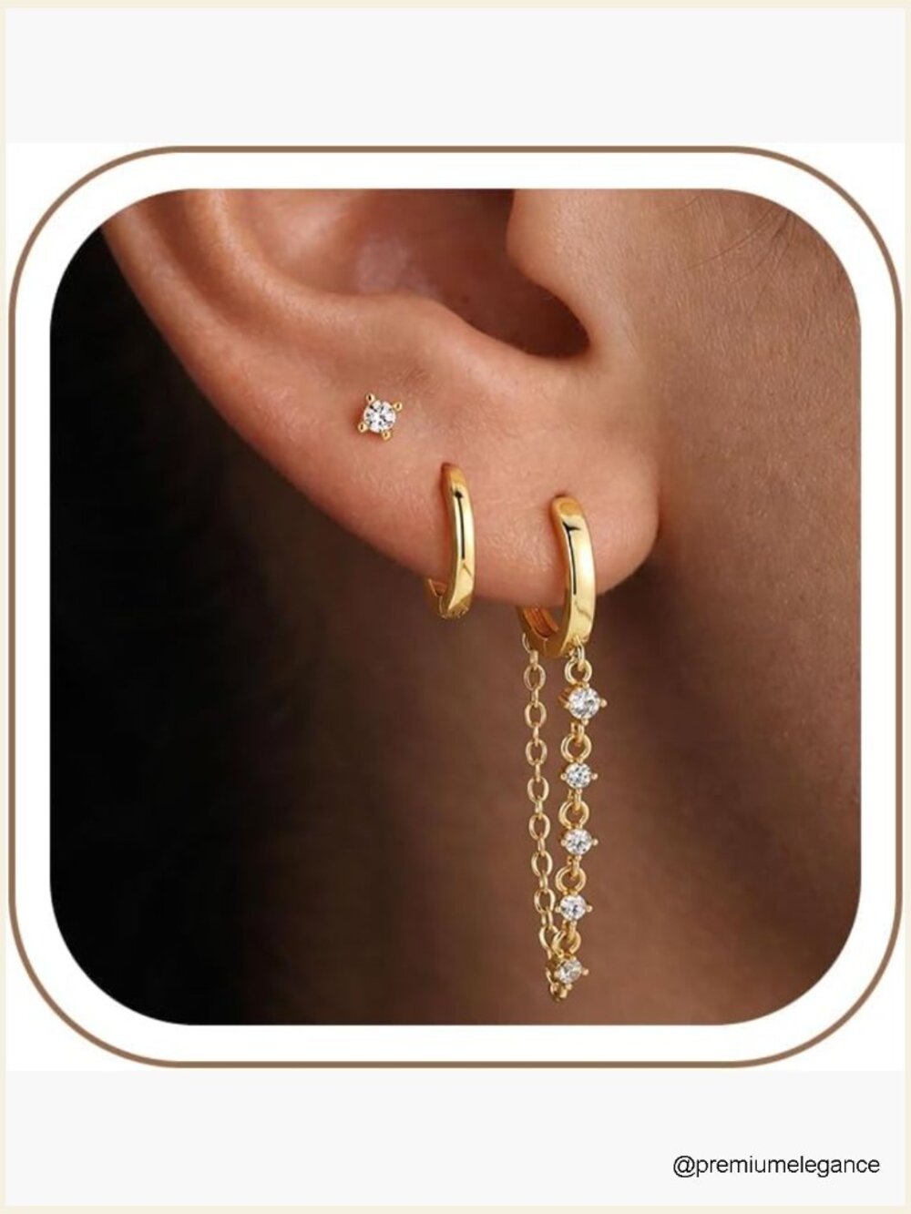 Gold Hoop Earrings Set - CZ Stud, Huggie, Chain Dangle - Hypoallergenic